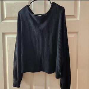 Black Waffle Knit Long Sleeve Top